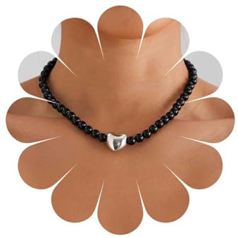Xmsrn Vintage Onyx Perlen Choker Halskette Schwarz Perlen Choker Silber Herz Anhänger Halskette Kurz Onyx Choker Halskette Für Frauen