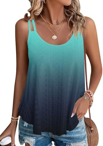 WNEEDU Damen Tank Tops Sommer Spaghetti Cami Oberteile Ärmellose Rundhalsausschnitt Blusen Top Shirts Blauverlauf S