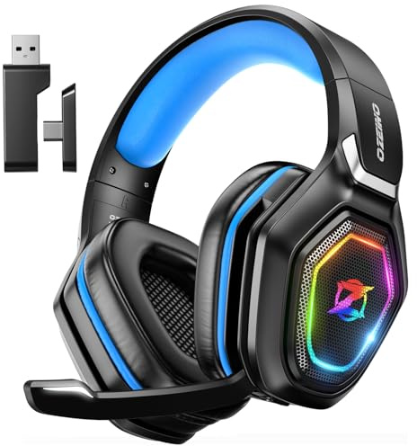 Ozeino Wireless Gaming Headset für PC/Ps4/Ps5 Gaming-Kopfhörer mit USB-A & USB-C Transmitter Gamer Headset mit Mikrofon und RGB-Licht Bluetooth-Headset für Laptop/Mobile/Mac