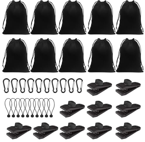 40 Stück Tragbare Gewichtstasche für Pavillon-Vorhänge im Freien 10 Gewichtstaschen, 10 Karabiner, 10 Clips und 10 Bungee Schnüre, Geeignet zum Befestigen von Außenvorhängen, Zelten, Tischdecken usw