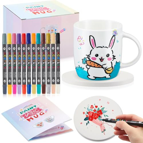 Sinmoe Set Tazze da Dipingere Kit Mug Ceramica con Tazze in Ceramica Vuote per Sublimazione 12 Pennarelli Colorati e Sottobicchiere Regalo Creativo Fai da Te per Adulti(Classico)