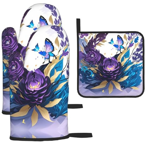 Purple Butterfly Print Oven Mitts and Pot Holders Set,Cooking Mitts,Cooking Mitts and Pot Holders,Oven Gloves Set