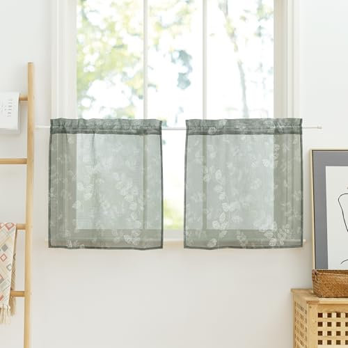 PONY DANCE Tende a Vetro per Finestra 2 Pezzi 60x60 CM Tende Trasparenti per Cucina con Tasca Decorazioni Curtains no Fori per Salotto Eleganti, Verde