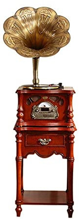 SGKOMN Gramófono Antiguo de Trompeta Grande, clásico, de Madera, con Bluetooth, de Mediados de Siglo, Tocadiscos, Reproductor de CD y Casete, y Radio., Brown