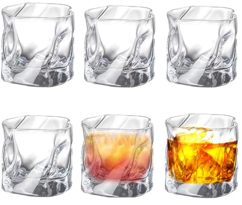 RANJIMA Whisky Gläser 6er Set, 200ml Unregelmäßige Kristall Whiskeygläser Doppeltes Altmodisches Kristallgläser, Old Fashioned Whiskey Glas für Scotch Rum Cocktails Wasser Geschenke für Papa Ehemann