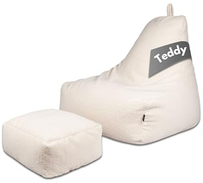 PatchHome Comfortline teddy sittsäck lounge fåtölj – gaming saccosäck set med fotpall – bekväm teddy fåtölj med fyllning (grädde, XXL – sittsäck + pallset)