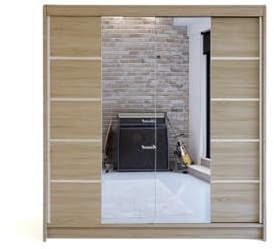 ELUKS - DERVINO Sliding Doors Wardrobe with Mirror Furniture for Bedroom Living Room and Hall Wardrobe Organizer Width 100cm/120cm/150cm/180cm/200cm/WHITE/BLACK/OAK (Oak, 180cm)