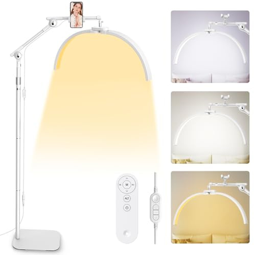 Adonafy LED Halbmond Wimpern Lampe: Drehbar 360° Halbmond Beauty Lichter Stehlampe mit Telefonhalter - Dimmbares Wimpernverlängerung Lampe für Beauty,Tätowierer, Make-Up Artists - Weiß
