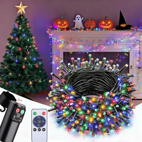 LED Weihnachtsbaum Lichterkette Außen Batterie, USB Aufladbare 10M 100 LEDs Bunt Weihnachtsbeleuchtung mit Fernbedienung/8 Modi/Timer, Wasserdicht Lichterkette Outdoor Innen für Garten Schlafzimmer