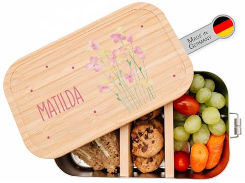 wunderwunsch - Personalisierte Brotdose für Kinder - Robuste und Individuelle Edelstahl Brotdose mit Namen - Personalisierte Geschenke für Kinder (Blumen, klein Weißblech)