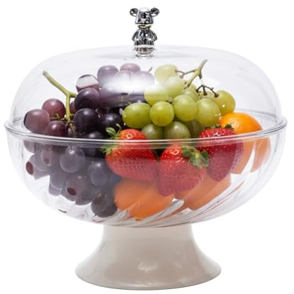 Gzsekken Fruit Bowl for Kitchen Countertop, Fruit Basket with Lid, Displaying for Party Wedding, Vegetable, Dessert, Snacks, Bread, Decorative Pedestal Bowl for Table Décor, Cream-Full Transparent