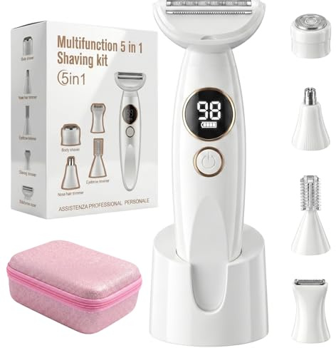 Afeitadora Mujer, 5 en 1 Rasuradora Mujer Zona Intima, Depiladora Facial Impermeable IPX7, Depiladora Electrica para Cara, Cejas, Axilas, Piernas, Bikini, Estación de carga USB