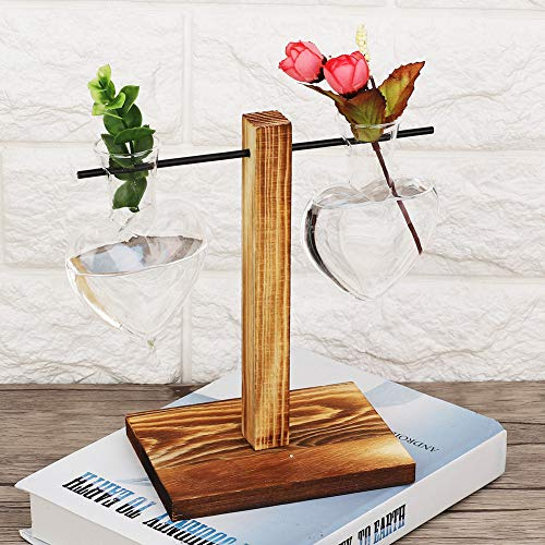 Tnfeeon Vase en Verre avec Support en Bois, Conception de Boule de Cœur, Versement Facile de l'eau, Lisse pour Les Plantes Saines, Récipient Hydroponique Rétro pour la Maison et Le Décor de Bureau
