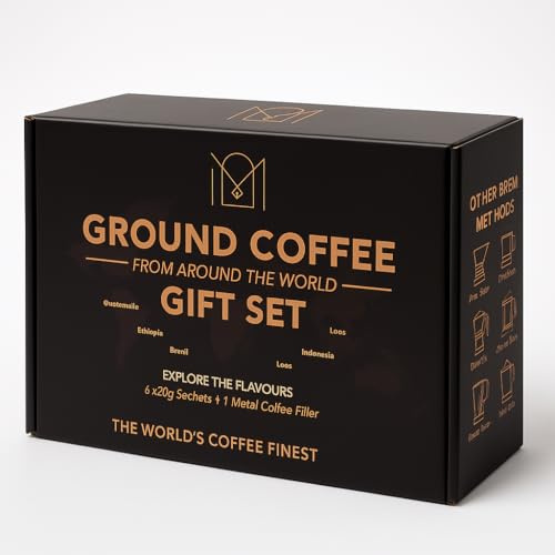 Coffee From Around The World Gift Set | 6 Specialty Ground Coffees + Reusable Stainless Steel Pour Over Filter | Coffee Gifts for Men | Christmas Gifts for Him | Gourmet Coffee Gift Set | Mens Gifts