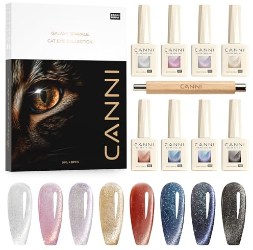 CANNI UV Gel Nagellack Cat Eyes Glitzer Nagellack | 8 Farben Funkel Galaxie Silber Rosé Gold Rot Blau Schwarz Farbgel Gelnägel UV Lack Soak Off Gel Nail Polish gellack