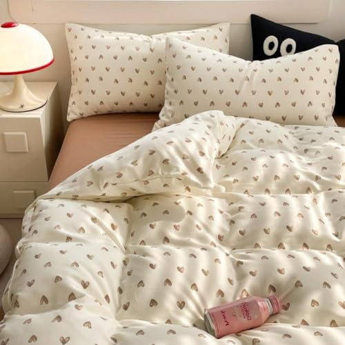 Covebett Bettwäsche 135x200 Herzen Beige Braun Herz Aesthetic Bettwäsche Set 2teilig Niedlich Herzchen Herzmuster Weich Mädchen Microfaser Bettbezug und Kissenbezug 80x80 cm Reißverschluss