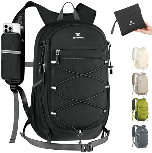 BECOJADDE 20L Kleiner Wanderrucksack Tagesrucksack Herren Damen Leichter Faltbarer Rucksack mit Brustgurt und Rückenbelüftung für Wandern Daypack Travel Rad und Ausflug, Schwarz