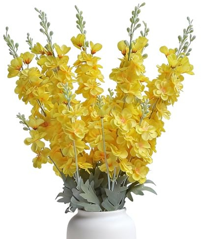 Kenpal 8 pcs Yellow Silk Delphinium Artificial Flowers for Floor Vase, 34 Long Fake Snap Dragons Flower, Larkspur Silk Flowers with Bendable Flocking Stem Kitchen Home Decor (Yellow)
