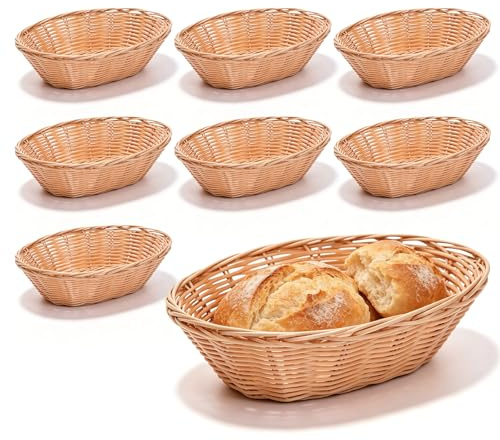 Nimblyne Lot de 8 corbeilles à pain tressées en plastique 23 × 16 × 6 cm – Panier à pain ovale en rotin – Panier de rangement – Fabriqué à la main – Pour la cuisine et la salle à manger