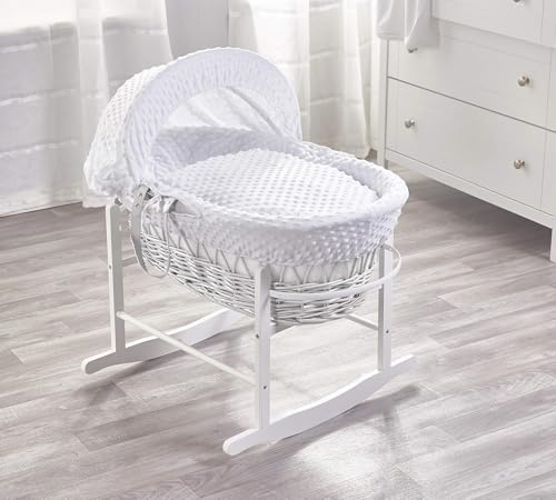 SOHOBABY Baby Moseskorb mit Gestell – Stubenwagen aus Weide mit weicher Dimple-Bettwäsche (– Neugeborenen Babykorb, atmungsaktiv & gemütlich (Weiß)
