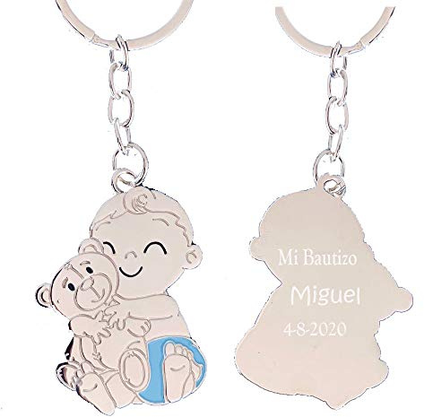 Pack 10 Llavero bebe para bautizo GRABADO personalizado con nombre y fecha. Diseño bebe peluche (10)
