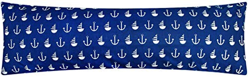 Renforcé Seitenschläferkissen Bezug 40x145cm - Anker und Schiffe (KY-520-1) | 100% Baumwolle - Weiß, Dunkelblau - Kissenbezug, Kissenhülle, Reißverschluss auf der langen Seite