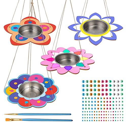 LAMEK 4Pcs Vogelfutterhaus Bausatz Kinder Holz Vogelhaus Bastelset DIY Vogelfutterspender Bemalen Kreativ Holzkunst Basteln Kunst Handwerk Vogelfutter für Frühling Geburtstag Weihnachten