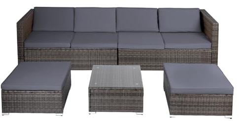 Panana 6 Seater Rattan Garden Furniture Set, Wicker Patio Lounge Sofas with Table Stools Sectional Modular Combination for Conservatory Outdoor Balcony (Mixed Grey Rattan with Grey Cushions)