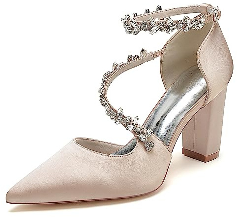 Chaussures de Mariée Blanche, Chaussures de Mariage pour Femme Fermé Pointu Bout Escarpins, Escarpins Femme Talon Carré,Champagne,37 EU