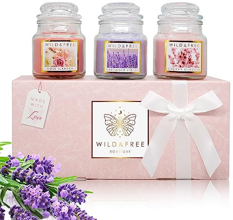 Floral Scented Candle Gift Set for Women – in Rose Garden, Lavender Fields & Cherry Blossom – Relaxation Aromatherapy Gifts for Her, Friend, Sister, Mum, Wife, Birthday, Thank You, Self Care