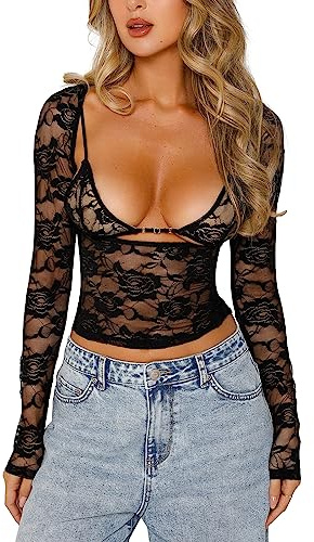 Vioyavo Completo 2 Pezzi Donna: Maglietta Top Corto Manica Lunga in Pizzo Trasparente Con Stampato Floreale + Reggiseno Sexy Elegante (Nero, S)