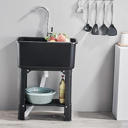 HCZION 60cm Freistehende Waschbecken Innen Spültisch Kunststoff Ausgussbecken Kunststoff Restaurant Küche Handwaschbecken Mit Wasserhahn (Color : Black, Size : 40x60cm/15.7x23.6in)