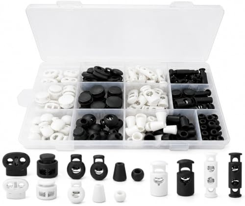 SHUIYUE 224 StüCk Elastische Kordel Verschluss, 7 Stile Runde Kordelstopper Kunststoff, Schwarz Kordel Verschluss Ende, FüR Kleidung, RucksäCke, Schnellverschluss Kordelstopper (7 Stile Schwarz,Weiß)