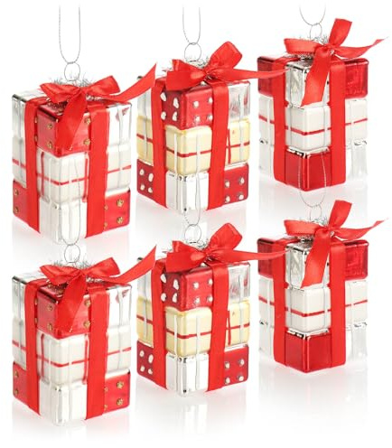 com-four® 6X Christbaumanhänger Geschenk, Weihnachtskugel Geschenkbox | Christbaumschmuck in Geschenk-Form für die Weihnachtsbaum-Dekoration - bruchfester Baumschmuck