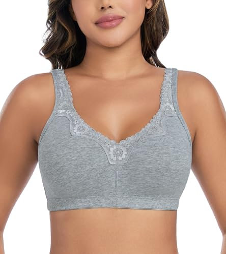 DotVol Women's Lace Cotton Comfort Plus Size Full Cup Minimizer Non Foam Wireless Bra(UK 36D,EU 80D,Grey)