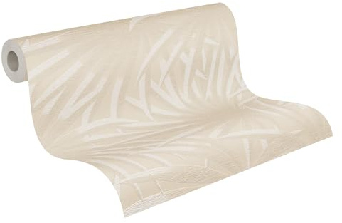 A.S. Création Palmenblatt-Vliestapete – Beige, Weiß – 10,05 x 0,53 m | Florales Palmenblatt-Motiv als natürlicher Blickfang – matte Motivtapete, einfach zu verkleben & spurlos abziehbar
