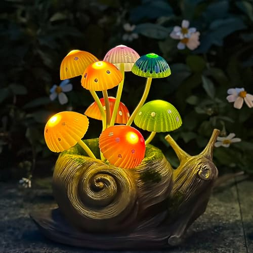 ZYLiWoo Solar Garden Snail Statue Gift, 1 Pack Solar Outside Snail Sculpture, Outdoor Patio Landscape Mushroom Decorative Art, Porch Deck Balcony Front Garden Decoration, Unique House Warming Gift