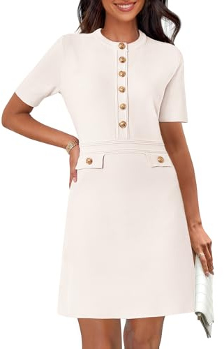 MEROKEETY Women's Knit Bodycon Sweater Dress Button Short Sleeve Crew Neck Elegant Formal Mini Dress, Ivory, Small