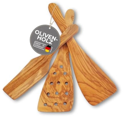 TOPANBIETER 999 Juego de espátulas de madera de olivo, 3 piezas Producción en la UE Utensilios de cocina de primera clase Utensilios de cocina sostenibles Madera de olivo Fácil de limpiar