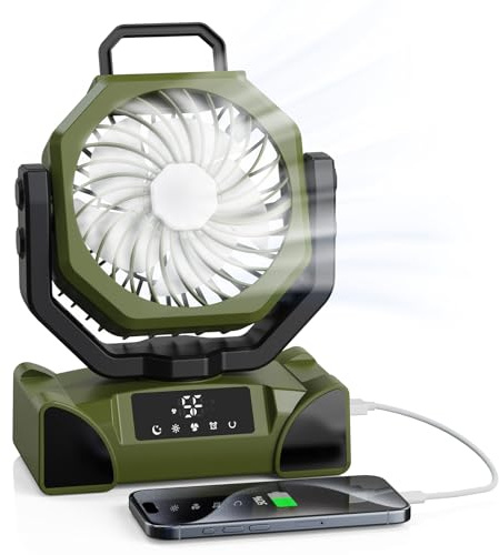 OUWANCH Camping Ventilator, 20000mAh USB Tischventilator mit Licht, Fernbedienung, Oszillierender Ventilator mit Hängehaken, 5 Geschwindigkeiten &Timer, für Zelte, Camping Picknick Grill Büro, Reisen