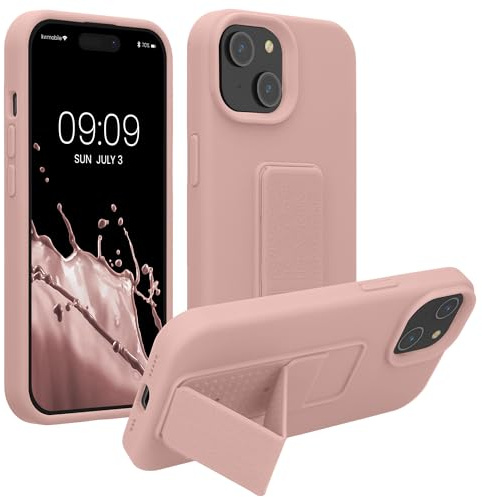 kwmobile Case for Apple iPhone 15 Case - Soft TPU Cover with Silicone Coating - With Hand Strap and Stand Function - Shockproof - Dusty Pink