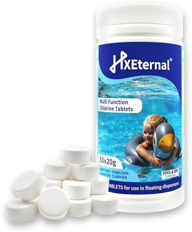 HXEternal 1 kg Multifunctional Chlorine Tablets, Suitable for swimming pool, Hot tub, Spa, 4-in-1 Dispenser Tablets,Pool clean tables, Clarifier for water, Swimming pools chemicals 50 x 20g 1KG