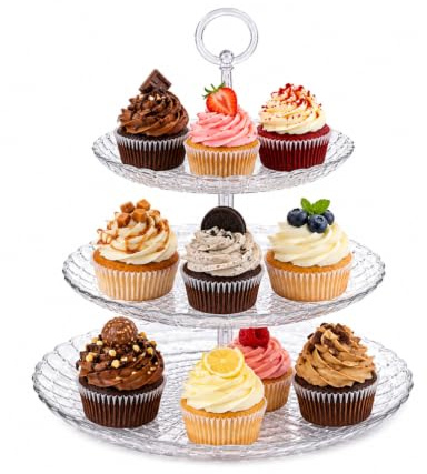 UNIQUE HOME LIVING 3-Tier Cake Stand, Afternoon Tea Birthday Wedding Party Server Plates, Embossed Plastic Fruit Dessert Cupcake Display Stand, Reusable Food Serving Platter