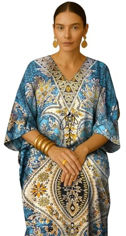 PMOYO Women Kaftan Tunic Long Caftan, Bohemian Design Maxi Dress Kimono Style, V-Neck Drawstring Waist Party Dress, Loungewear, Holidays Nightwear, Beach Cover Up Free Size