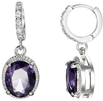Pendientes de aro pequeños, circonitas, para mujer, chapados en plata, halo para aniversario, Lila, Base chapada en oro blanco, Circonia cúbica