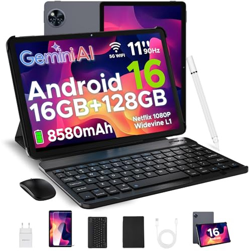 DOOGEE U11 Andriod 16 Tablet 11 Pulgadas, Tablet con Teclado y Lapiz, Tableta para Niños Octa-Core, 16GB RAM+128GB ROM/2TB 8580mAh, 7.9mm Cuerpo Metálico, 13MP Cámara/Widevine L1/Face ID/BT5.0/WiFi 5