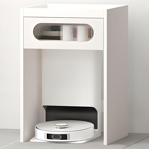 Saugroboter Versteckschrank mit Türen und Schubladen – Aufbewahrungsregal für Wohnzimmer, Schlafzimmer, Küche – Staubsauger Organizer – Massivholzdesign, Einfacher Wasserwechsel(White,H70cm/27.5in)