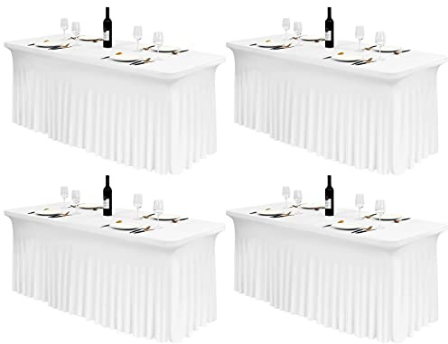 FXKS Spandex Tischröcke, 4 Stück, Weiße, für 1,8 m Rechtecktische | Stretch Tischdecke und Tischabdeckung mit elegantem Faltenrock für Hochzeit, Party, Messe und Bankett