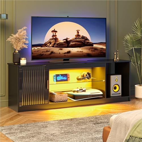 Bestier TV-Schrank für 65-Zoll-Fernseher, Gaming-LED-Entertainment-Center mit glänzendem, geriffeltem Standfuß für PS5, Xbox und TV-Konsole mit verstellbaren Glasböden, Hochglanzschwarz