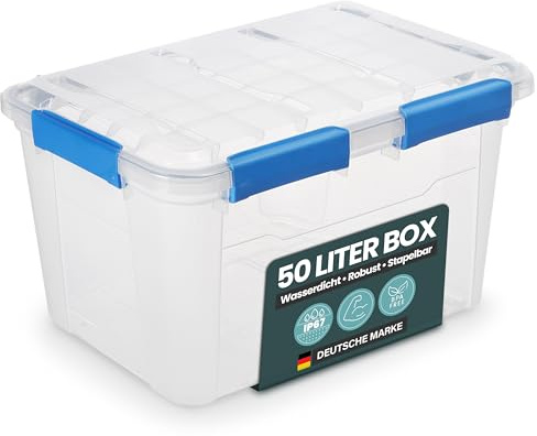Kreher® Aufbewahrungsbox mit Deckel (50 Liter) – Wasserdichte Box stapelbar, Luftdichte Box BPA- & schadstofffrei, robuste Lagerboxen mit Silikondichtung, Kunstoffbox mit 6 Clips (1)